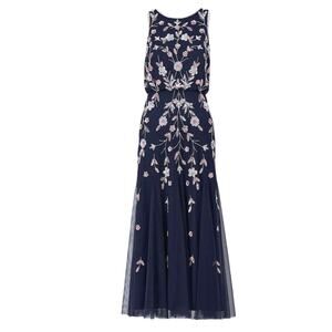 Adrianna Papell Formal Beaded Blouson Sleeveless Midi Dress Size 2 Navy